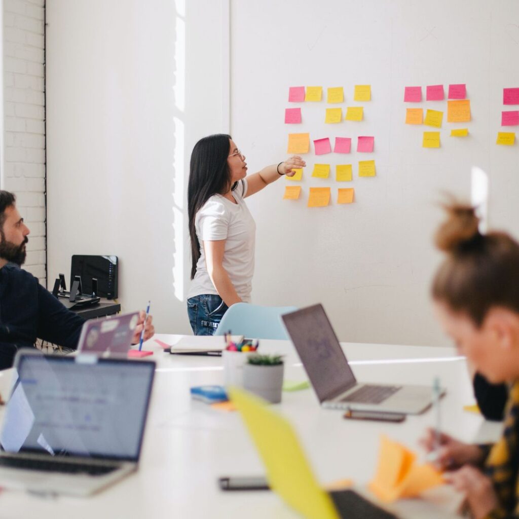 Group of people looking at a whiteboard with post it notes.